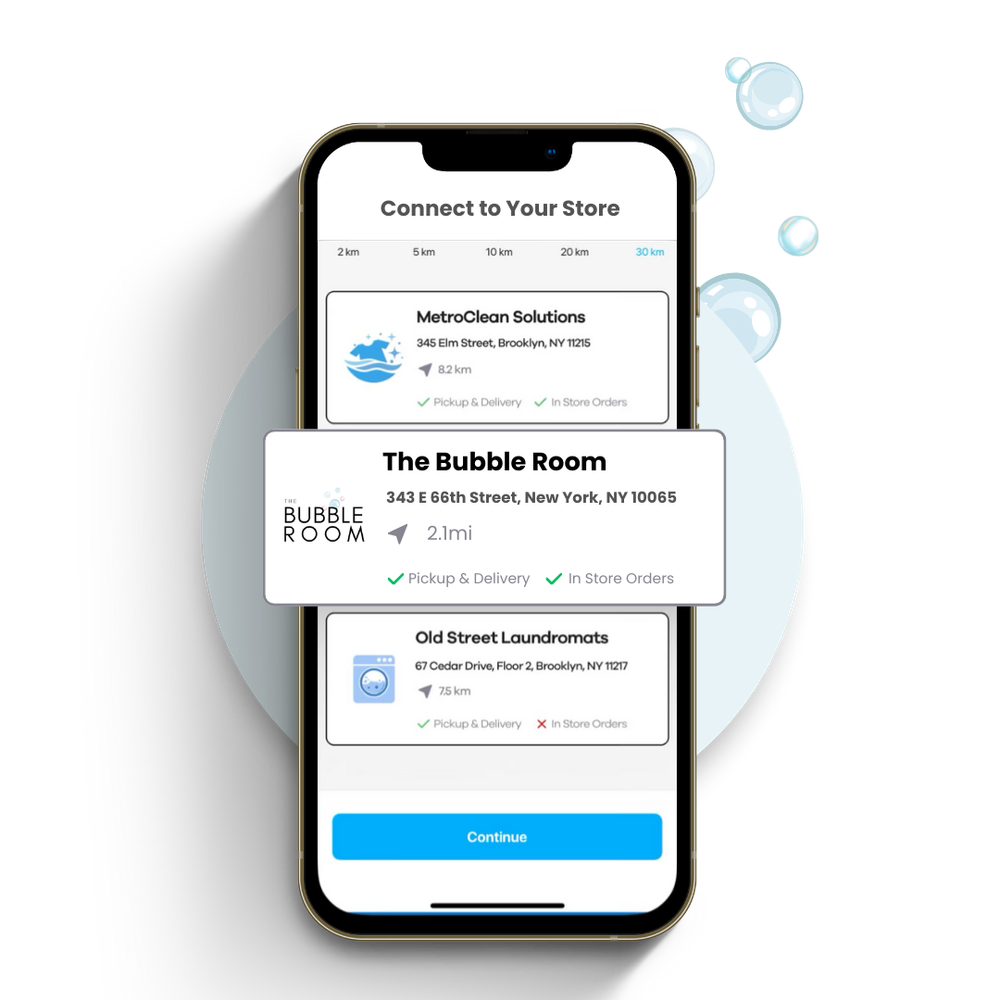 The Bubble Room on the CleanCloud app — showing store listing with pickup and delivery